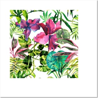 Seamless tropical flower, plant and leaf pattern background Posters and Art